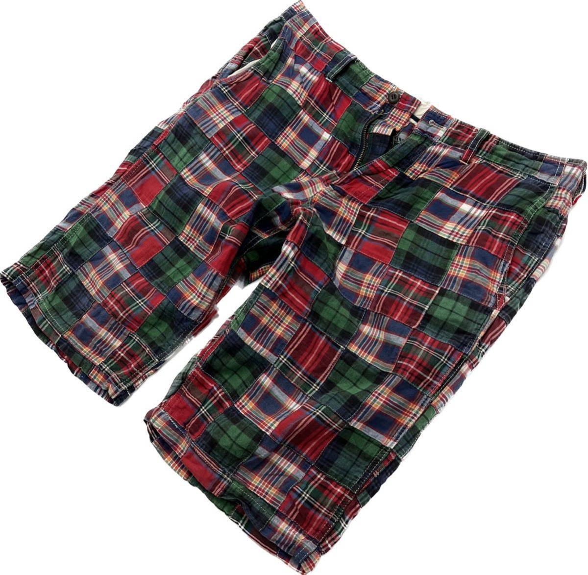 green label relaxing ☆ パッチワーク ショーツ グリーン レッド L ショートパンツ 爽やか◎ カジュアル ユナイテッドアローズ■JS556拍卖