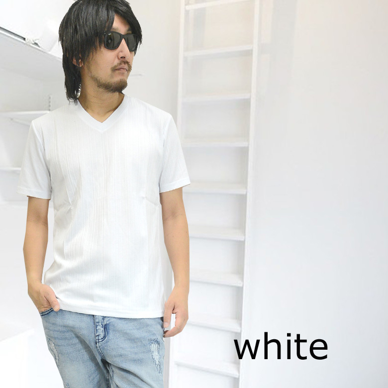 (メール便送料無料 )凹凸ランダムテレコ切替Vネック半袖Tシャツ 無地 30422 新品ホワイトLL拍卖