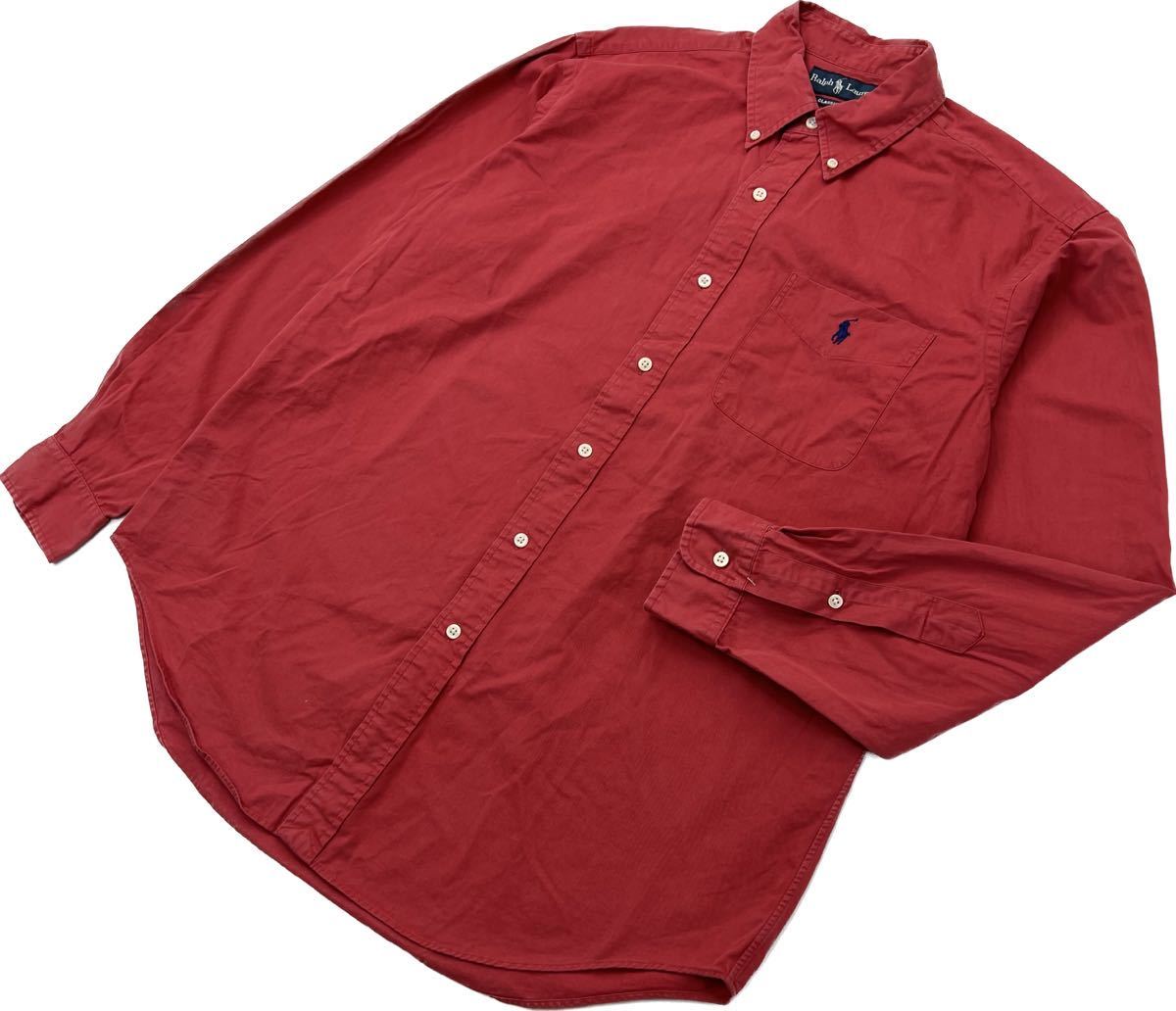 RALPH LAUREN ☆ こなれた風合い◎ コットン ボタンダウン シャツ 長袖 レッド L アメカジ ストリート 古着MIX 人気 ラルフローレン■BH124拍卖