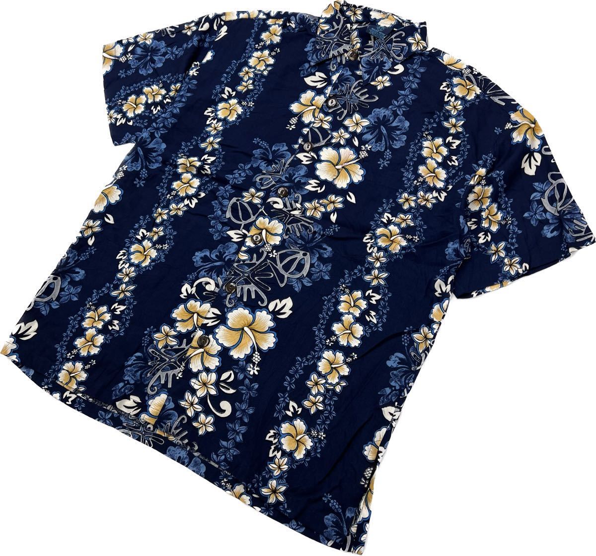 タグ付 未使用品 ☆ MANGO MOON ハイビスカス ハワイアンシャツ レーヨン アロハシャツ ネイビー M リゾート 春夏 マンゴームーン■S1844拍卖