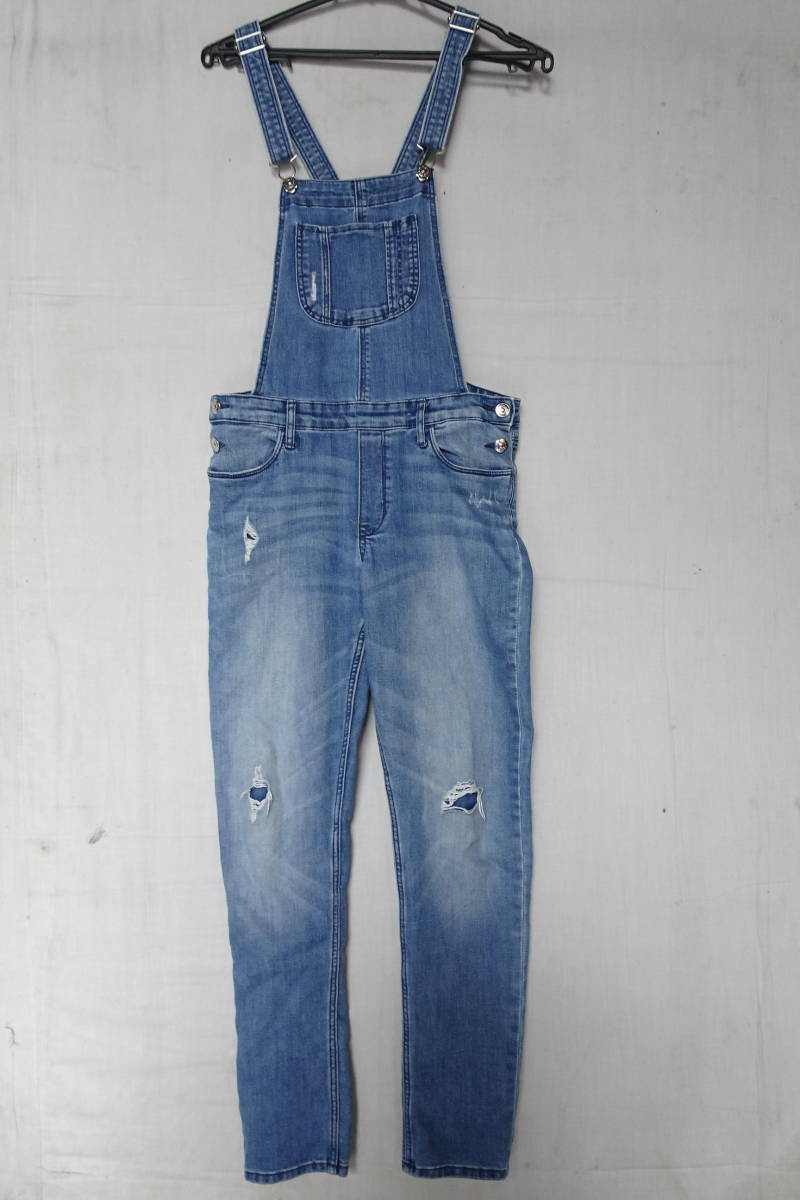 H&M/エイチアンドエム/ガールズ/デニムサロペット/オーバーオール/スキニーパンツ/やぶれダメージ/インディゴブルー/EURサイズ164(6/26R)拍卖