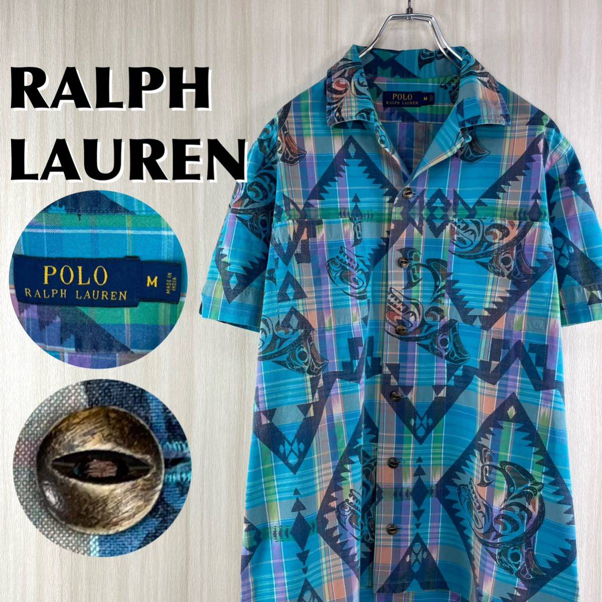 【入手困難】ポロ ラルフローレン 開襟 オープンカラー くるみボタン エスニック柄 メガチェック 総柄 半袖 柄シャツ アロハシャツ 古着拍卖