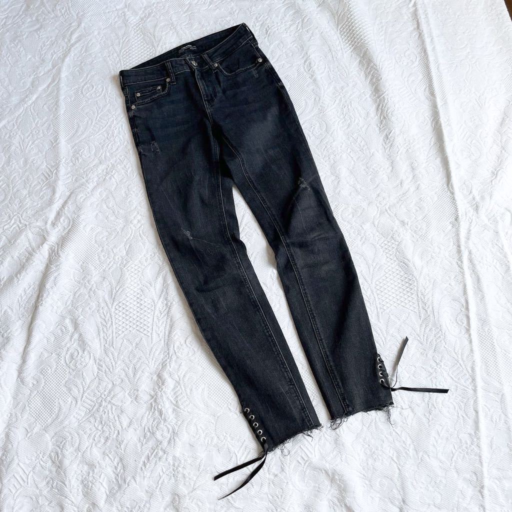 ザラZARA WOMANデニムパンツ レディース ボトム スキニー美ライン黒ブラック34サイズSサイズ7号スキニー ストレッチ スリット入り ジーンズ拍卖