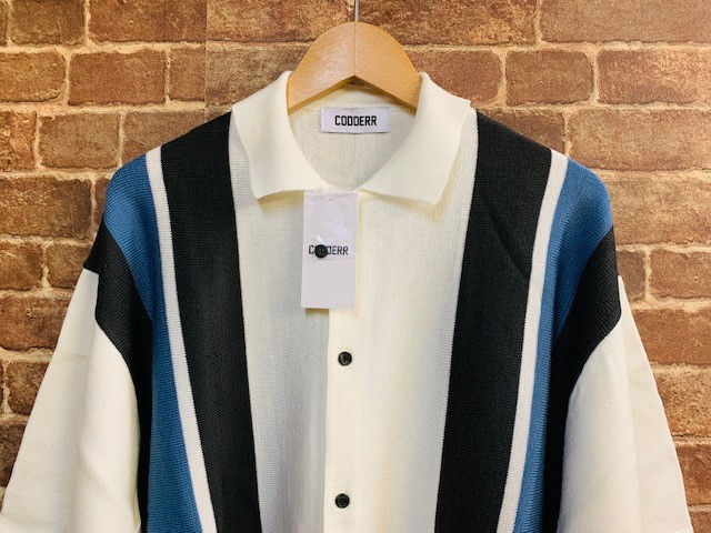 ★表記M/新品!オーバーサイズ.半袖ニットシャツ.CODDERR.マルチストライプ柄カーディガン.定価¥4995.ビッグシルエット古着レトロスタイル拍卖