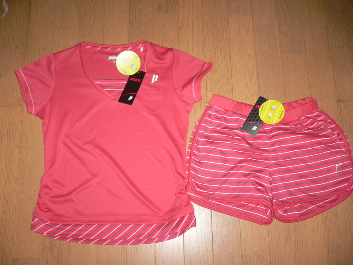 *新品 prince プリンス テニスウェア ウィメンズ ゲームシャツ ショートパンツ セット WL6052 WL6306 コーラルピンク 009 M 桃 Tシャツ*拍卖
