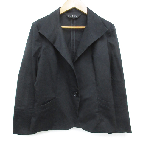 インディヴィ INDIVI テーラードジャケット ミドル丈 シングルボタン 38 黒 ブラック /FF14 レディース拍卖
