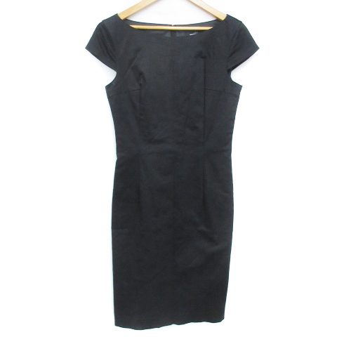 クイーンズコート QUEENS COURT ワンピース ひざ丈 半袖 ラウンドネック 切替 スリット 無地 2 黒 ブラック /FF7 レディース拍卖