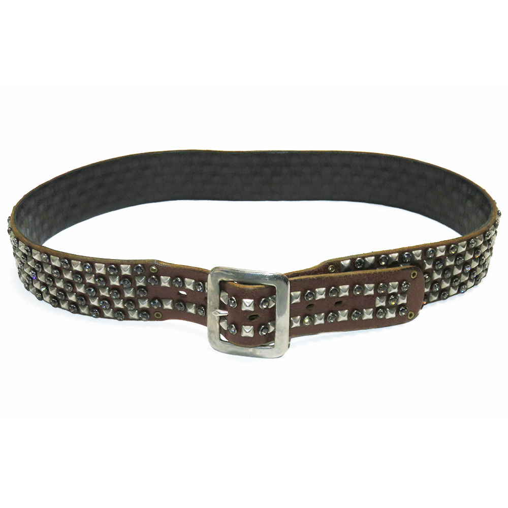 BALTAZAR ヘビースワロフスキー チェッカーピラミッド スタッズベルト S 美品 クラッキングレザー バルタザール 拍卖