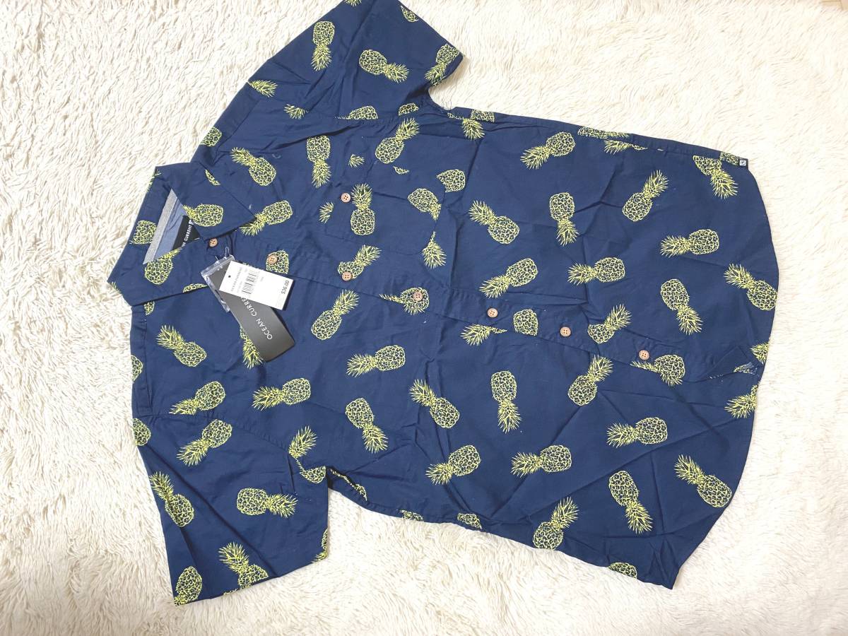 メンズSサイズ:OCEAN CURRENT オーシャンカレント◆パイナップル柄*コットン半袖シャツ:ネイビー 定価:$36.00拍卖