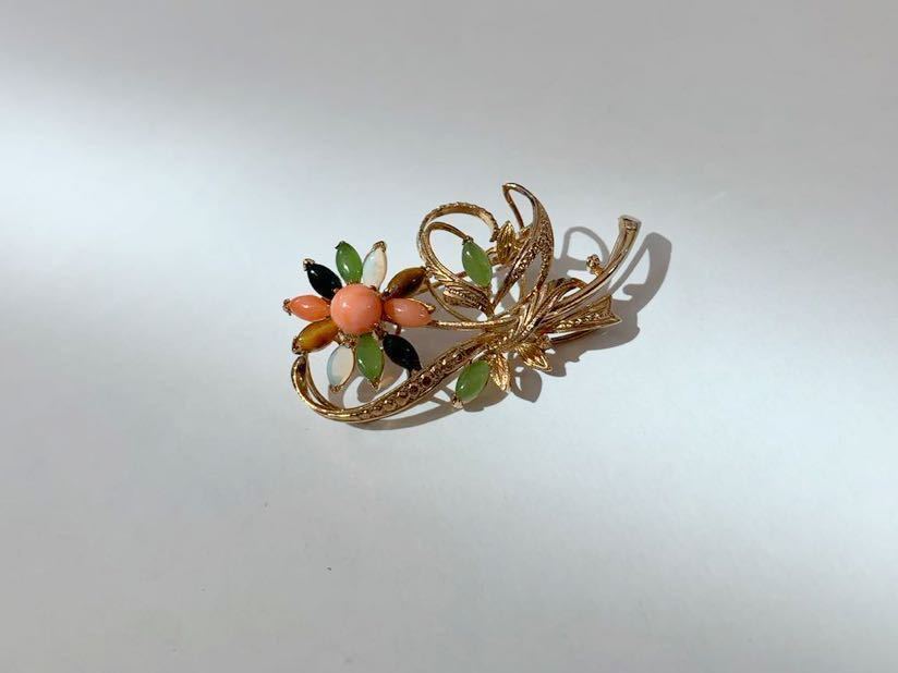 【美品】ヴィンテージ マルチカラー 天然石 ゴールドトーン ブローチ オパール 珊瑚 オニキス ネフライト タイガーアイ フラワー 金メッキ拍卖