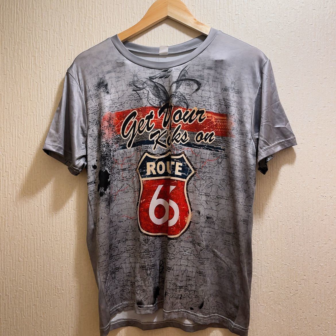 ★新品★ルート66★グレーTシャツ★アメリカTシャツ★ユニセックス★L半袖Tシャツ 拍卖