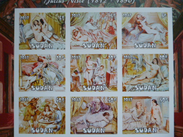 スーダン切手『ヌード画』(Julius Nisle)9枚シート 無目打A 拍卖