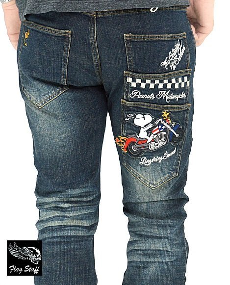 スヌーピー×フラッグスタッフ 三連ポケットデニムパンツ◆Flagstaff ネイビー40inch 40インチ 432250 ジーンズ 刺繍 ウッドストック拍卖