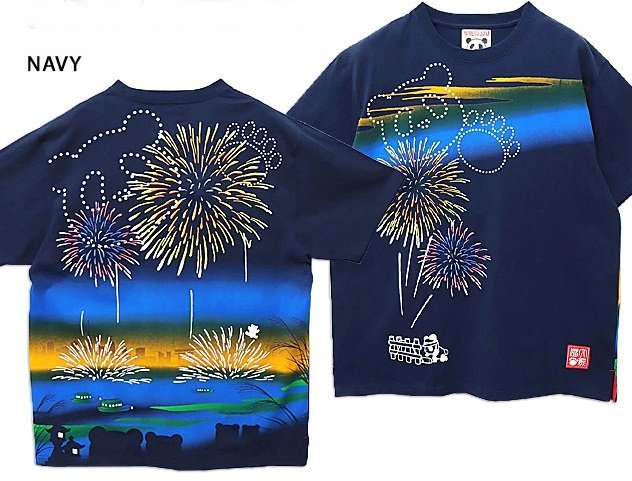 熊猫川花火大会半袖Tシャツ◆PANDIESTA JAPAN ネイビーXLサイズ 523212 パンディエスタジャパン パンダ 刺繍 和柄拍卖