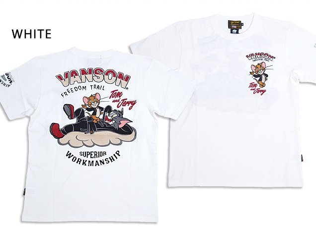 vanson×TOM&JERRYコラボ 天竺半袖Tシャツ◆vanson ホワイトMサイズ TJV-2326 バンソン ヴァンソン トムとジェリー 刺繍 バイカー拍卖