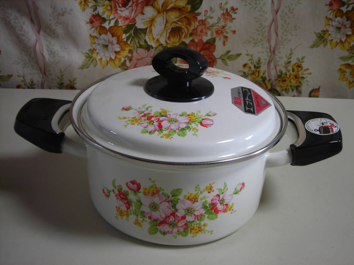 昭和レトロ 象印 エナトップ ホーロー両手鍋 18cm/2.2リットル●琺瑯花柄 未使用拍卖