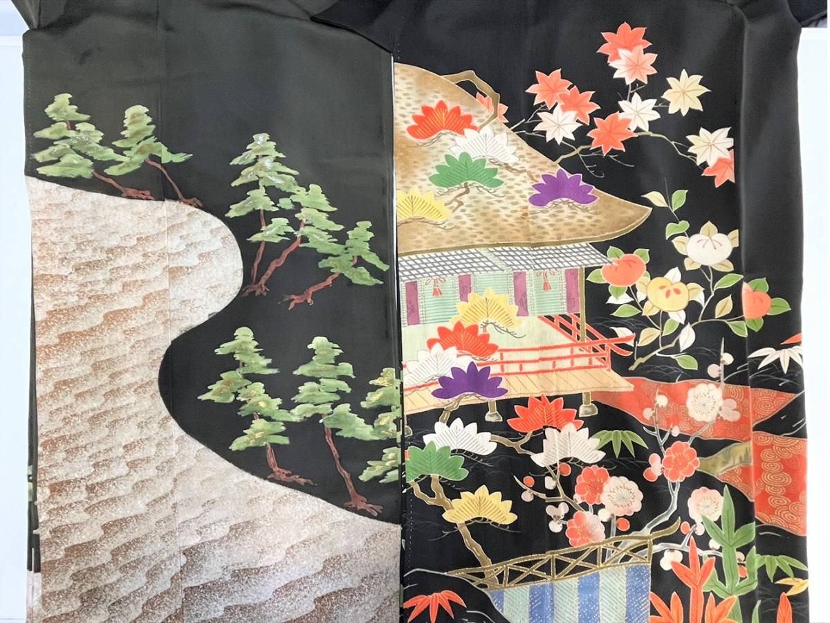 花とら●リサイクル着物 黒留袖 2点まとめて リメイク 素材 友禅 たたき染 砂浜 松 230603拍卖
