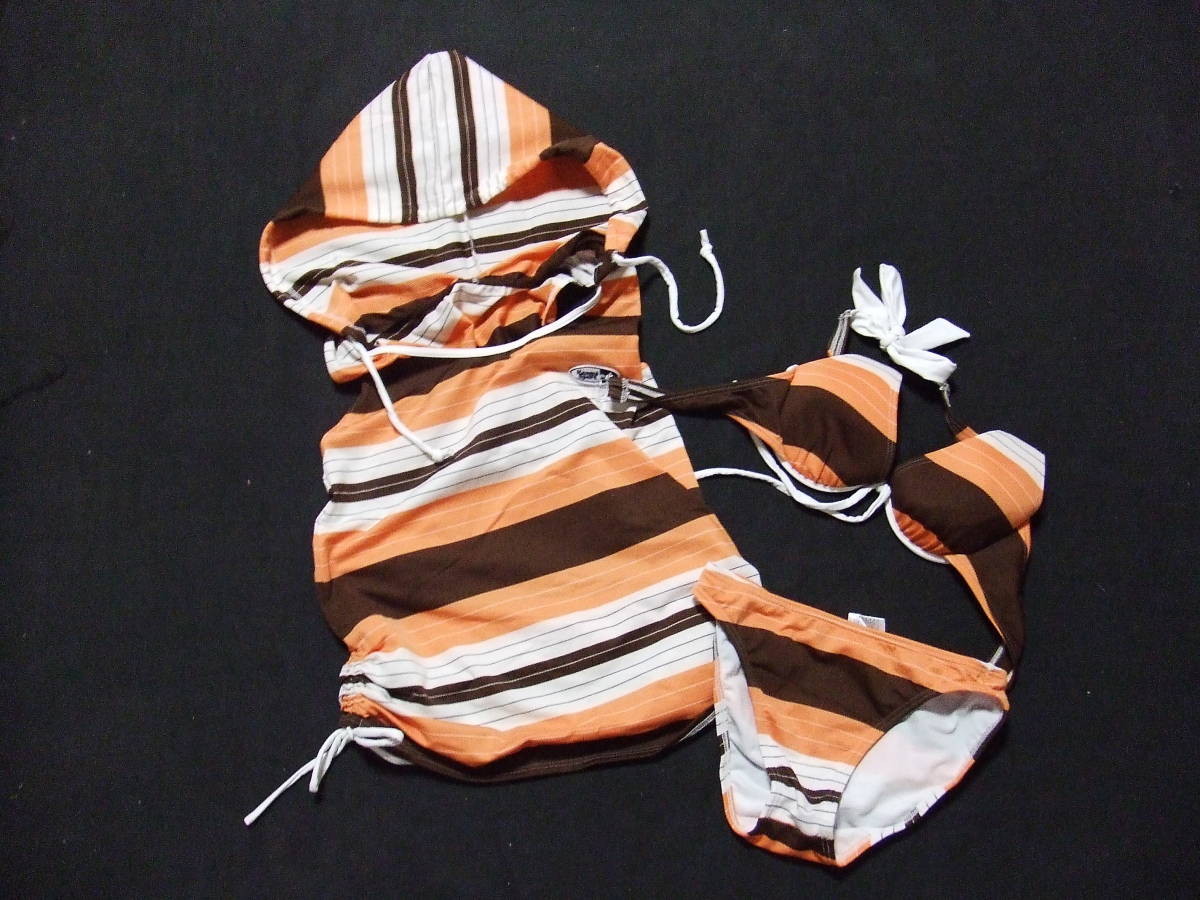 オレンジ ブラウン ★ ボーダー レディース水着 水着 ビキニ ワイヤーあり 9M M352拍卖