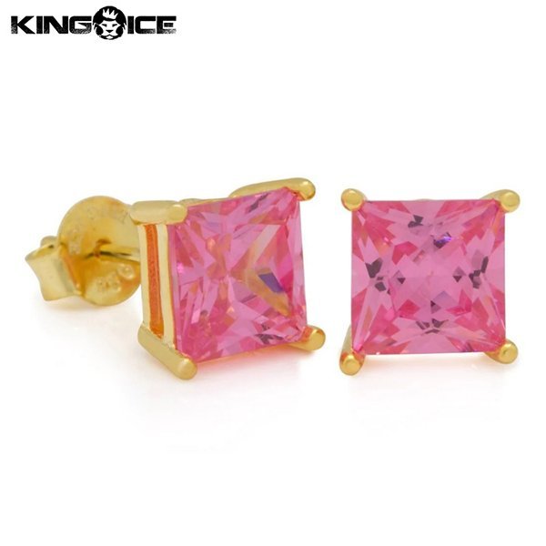 【トップの幅 5mm】King Ice キングアイス ピンク プリンセスカット スタッド ピアス ゴールド Pink Princess-Cut Stud Earrings メンズ拍卖