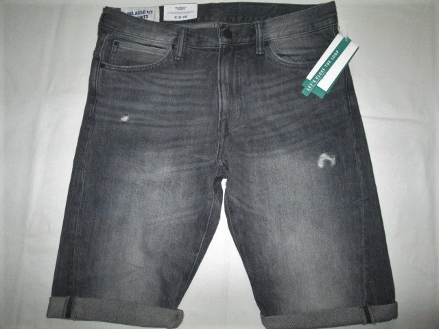★新品 H&M エイチアンドエム RELAXED FIT SHORTS デニムショートパンツ W32 ブラックデニム ウォッシュ加工 ダメージ加工 ハーフパンツ★拍卖