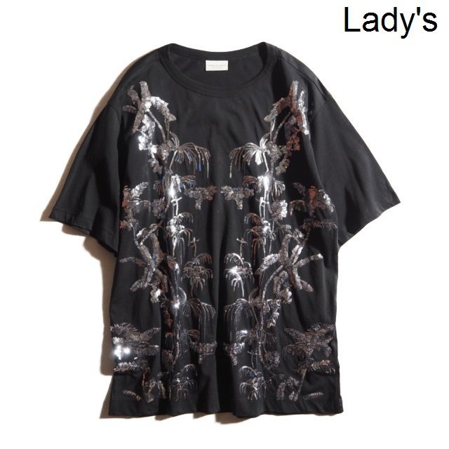 x5661P ▼DRIES VAN NOTEN ドリスヴァンノッテン▼ 新品同様 18SS スパンコール パーム Tシャツ 黒 XS レディース ヤシ 半袖 春夏 rb mks拍卖