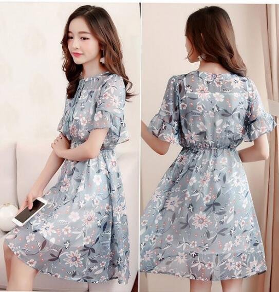 HSM983★新品ワンピース レディース 春夏 きれいめ 膝丈ワンピースドレス シフォン 花柄 オシャレ半袖 膝丈ワンピース 結婚式ドレス 上品拍卖