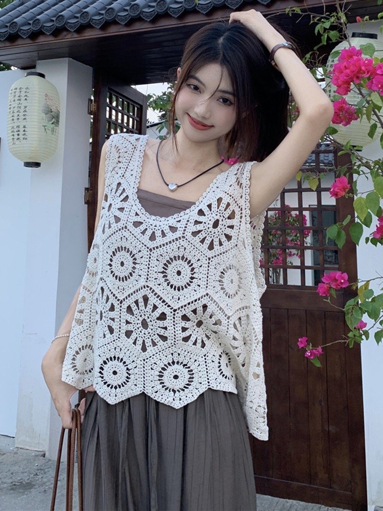 ZPT646☆新品春 カジュアル 可愛い森ガール かぎ編み レース コットンベスト拍卖