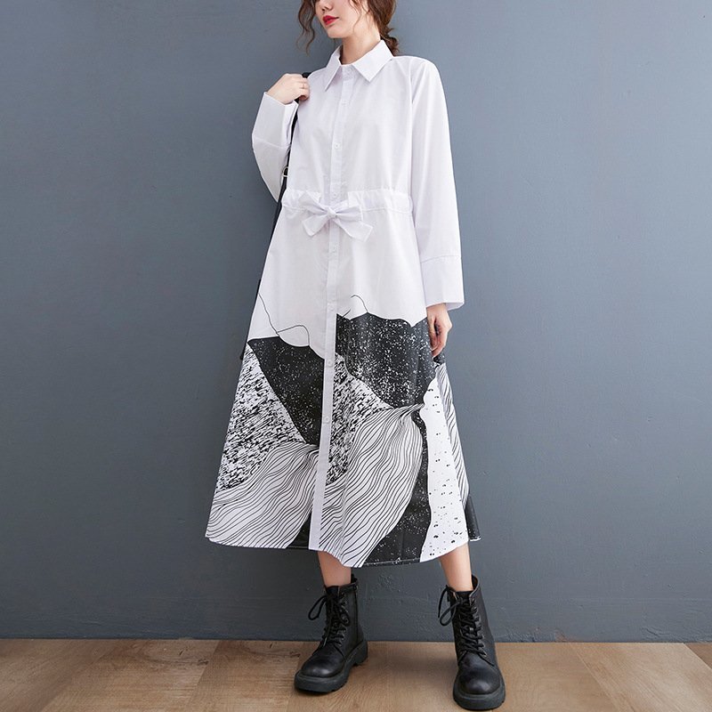 CZN92☆秋新作♪上質♪カジュアル♪20304050代♪プリント柄♪ベルテッド♪フリーサイズ♪長袖シャツロングワンピース♪白拍卖