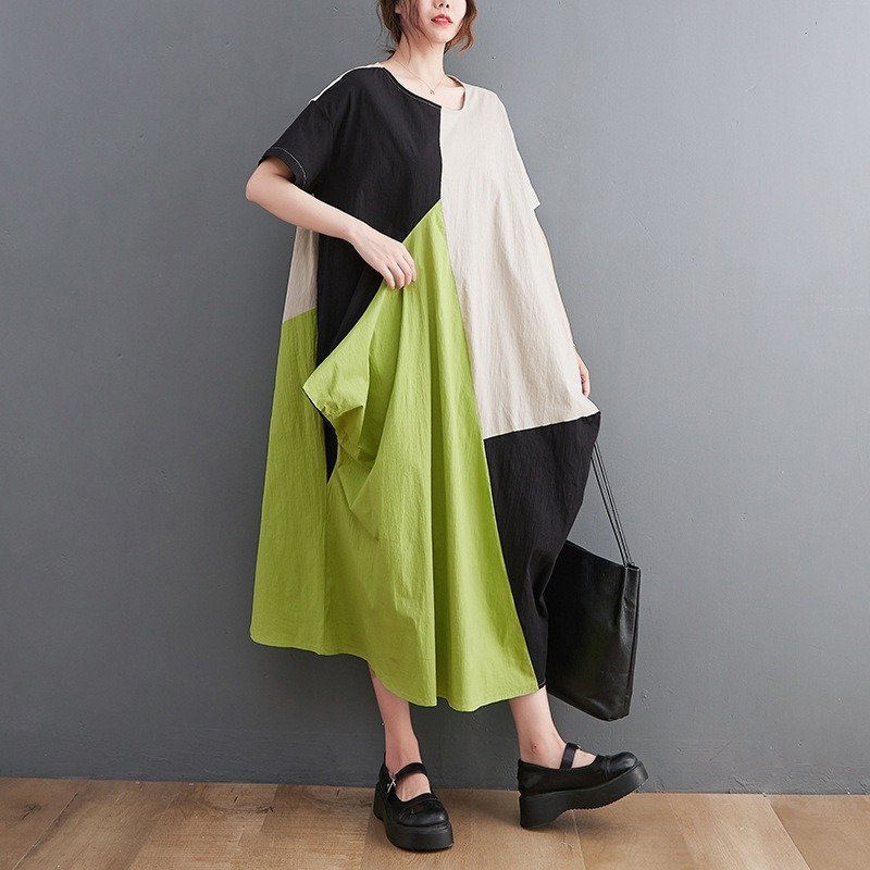 ZPT564☆新品カラーブロックがおしゃれ 大きいサイズ☆コットン風素材のロング丈半そでワンピ変形ぷっくりスカート拍卖