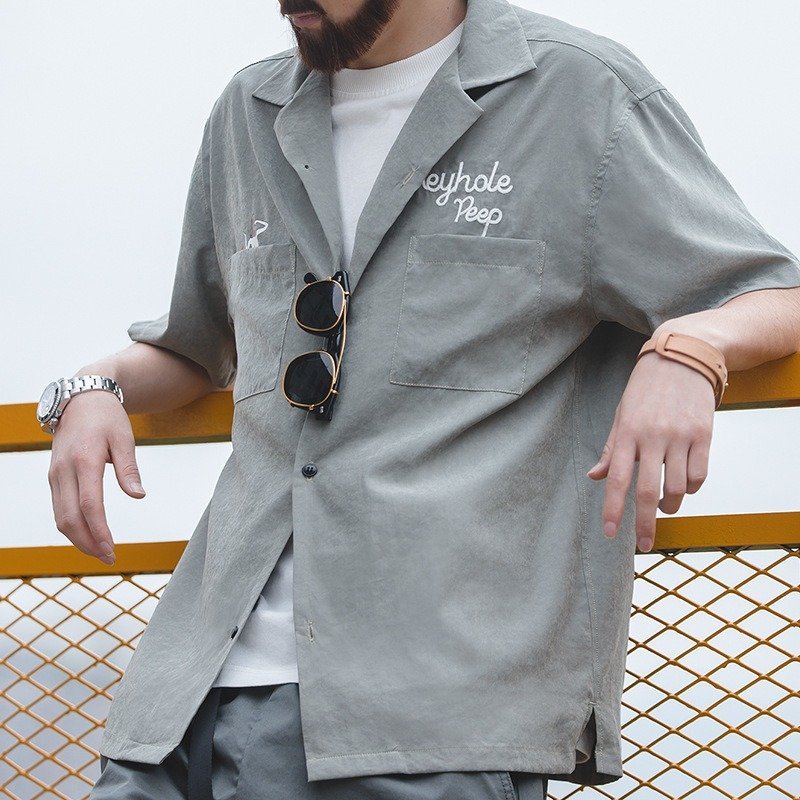 ZPT597☆新品2色展開 ヴィンテージ風 チェーンステッチ 刺繍 ハーフスリーブ オープンカラーシャツ半袖 開襟 ボーリングシャツ拍卖