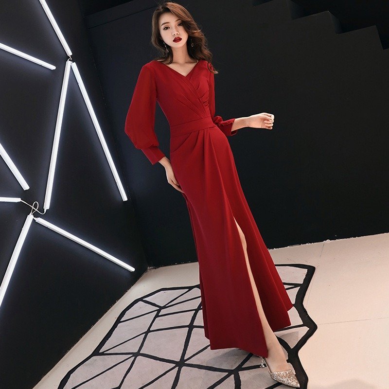 ZPT463☆ワンピース ドレス レディース マキシワンピース 春秋 オシャレ 長袖 Vネック スリット セクシー パーティー 結婚式拍卖