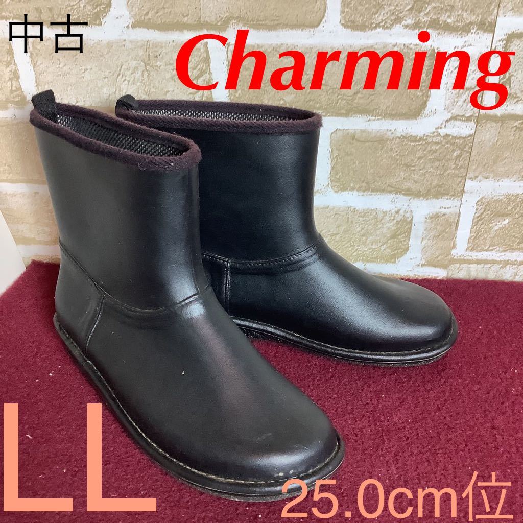 【売り切り!送料無料!】A-144 Charming!レインブーツ!ショート丈!LL 25.0cm位!黒!ブラック!雨!長靴!レインシューズ!シンプル!中古!拍卖