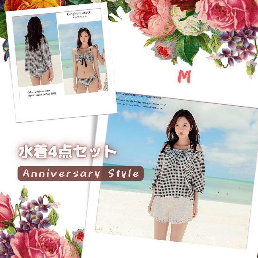 新品 水着 黒 チェック M 即納 オフショルトップス & サーフパンツ 付 ビキニ 4点セット wear-0326 ギンガムチェック レディース拍卖