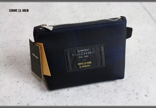 新品コムサメン チェルッティ イルプリンチペ チェック柄 ウール ポーチ 濃紺/定価1万円/COMME CA MEN/拍卖