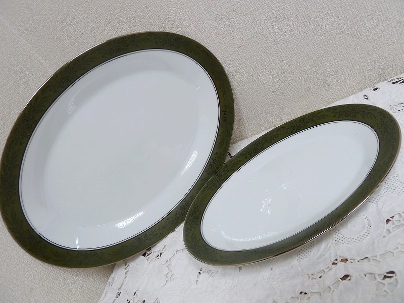 (☆BM)【大処分セール】Noritake/ノリタケ WALDEN 2028 オーバル 大小 プレート 2枚 大皿 40㎝/ダークグリーン 廃盤品 オールドノリタケ拍卖