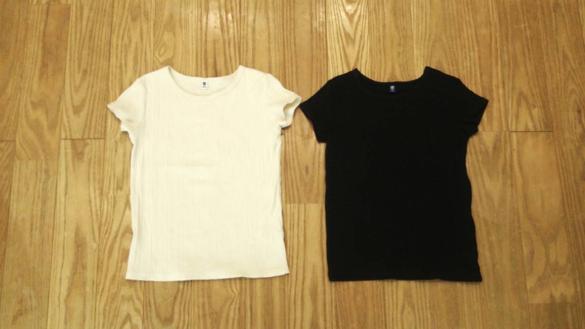 ユニクロ キッズ リブカットソー クリーム+ブラック 120 2枚セット拍卖