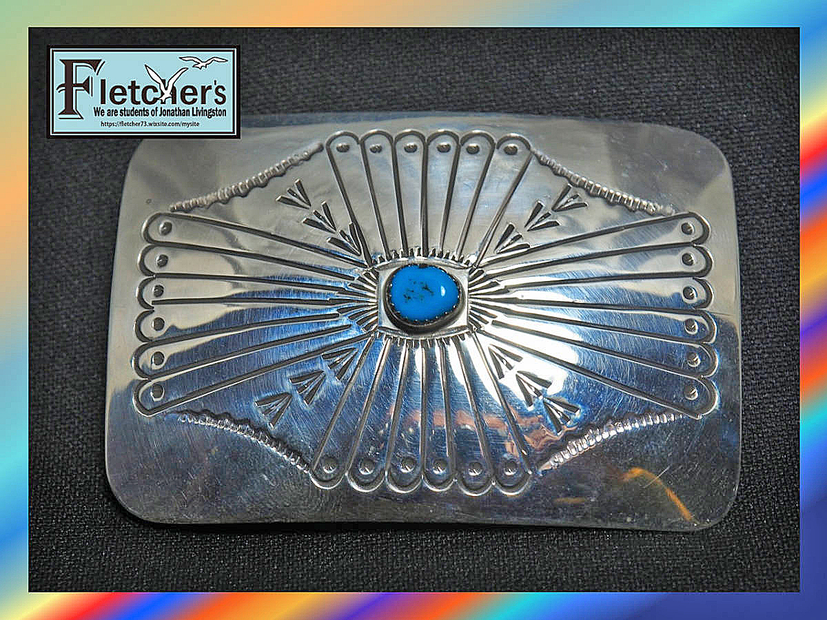 +インディアンジュエリー ナバホ族作家作 コンチョスタイル シルバー&ターコイズ ベルトバックル ネイティブアクセサリーf12拍卖