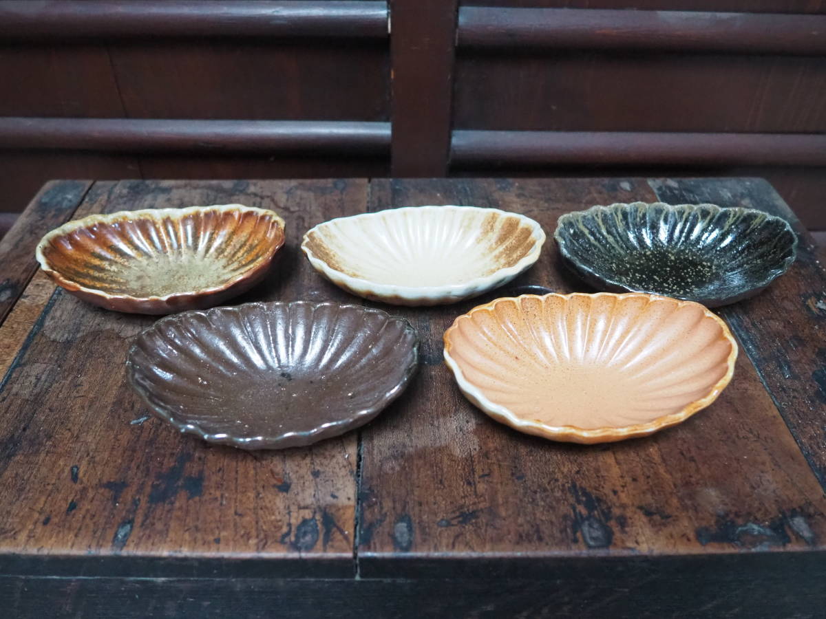 【備前焼き締め自然釉菊花皿5客】天麩羅和食器寿司屋料亭割烹花器懐石旅館民宿御造り刺身信楽常滑穴窯薪窯陶芸焼き物長角皿茶道華道拍卖