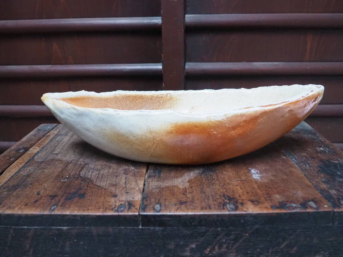 【白備前焼き締め舟形鉢】煮物天麩羅和食器寿司屋料亭割烹花器懐石旅館民宿御造り刺身備前信楽常滑穴窯薪窯陶芸焼き物長角皿茶道華道拍卖