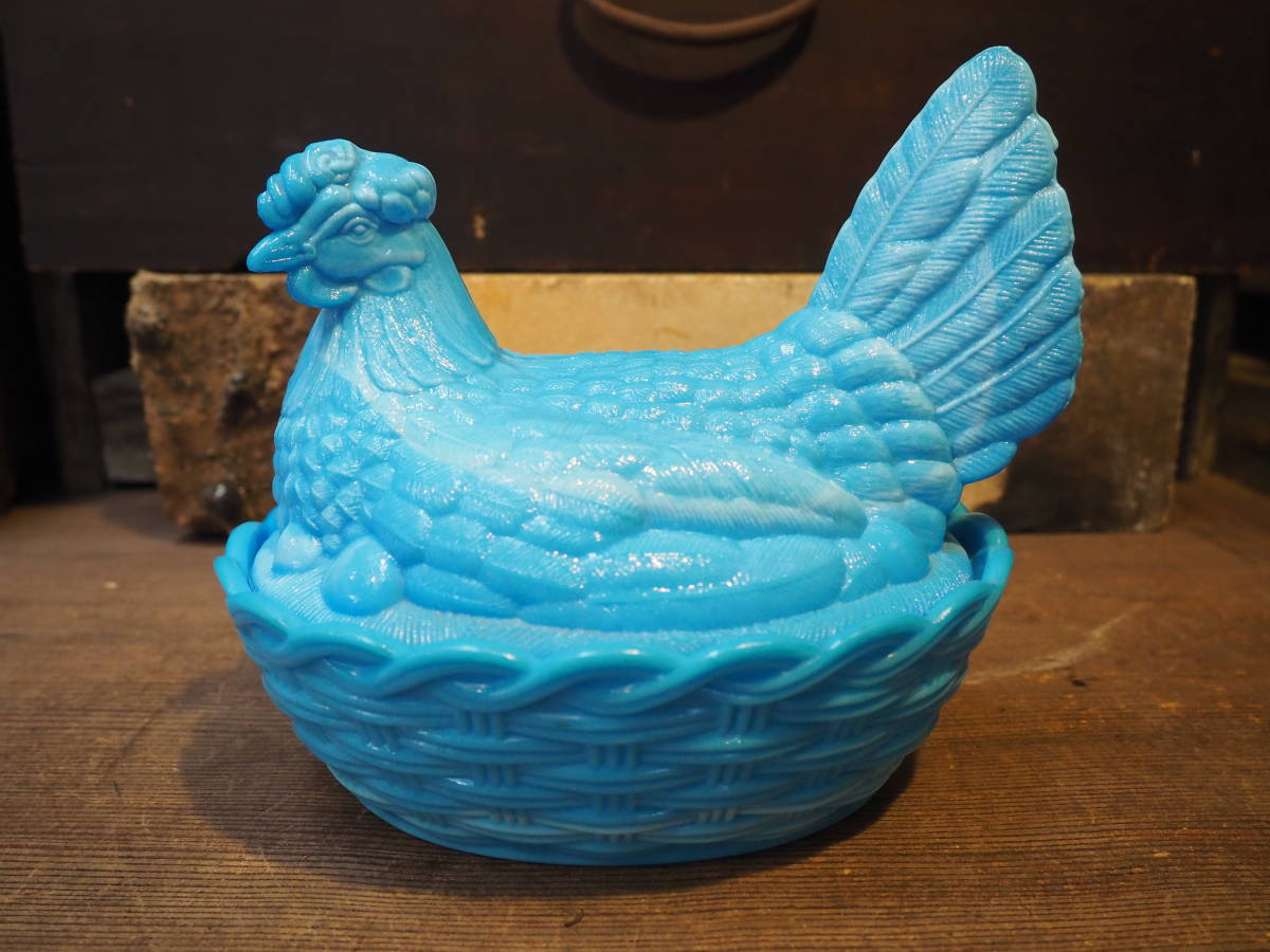 【アメリカンアンティーク雌鶏型ガラス器】ミルクガラス古道具ポプリグラス骨董インテリア食器インダストリアルカフェbarキッチン拍卖