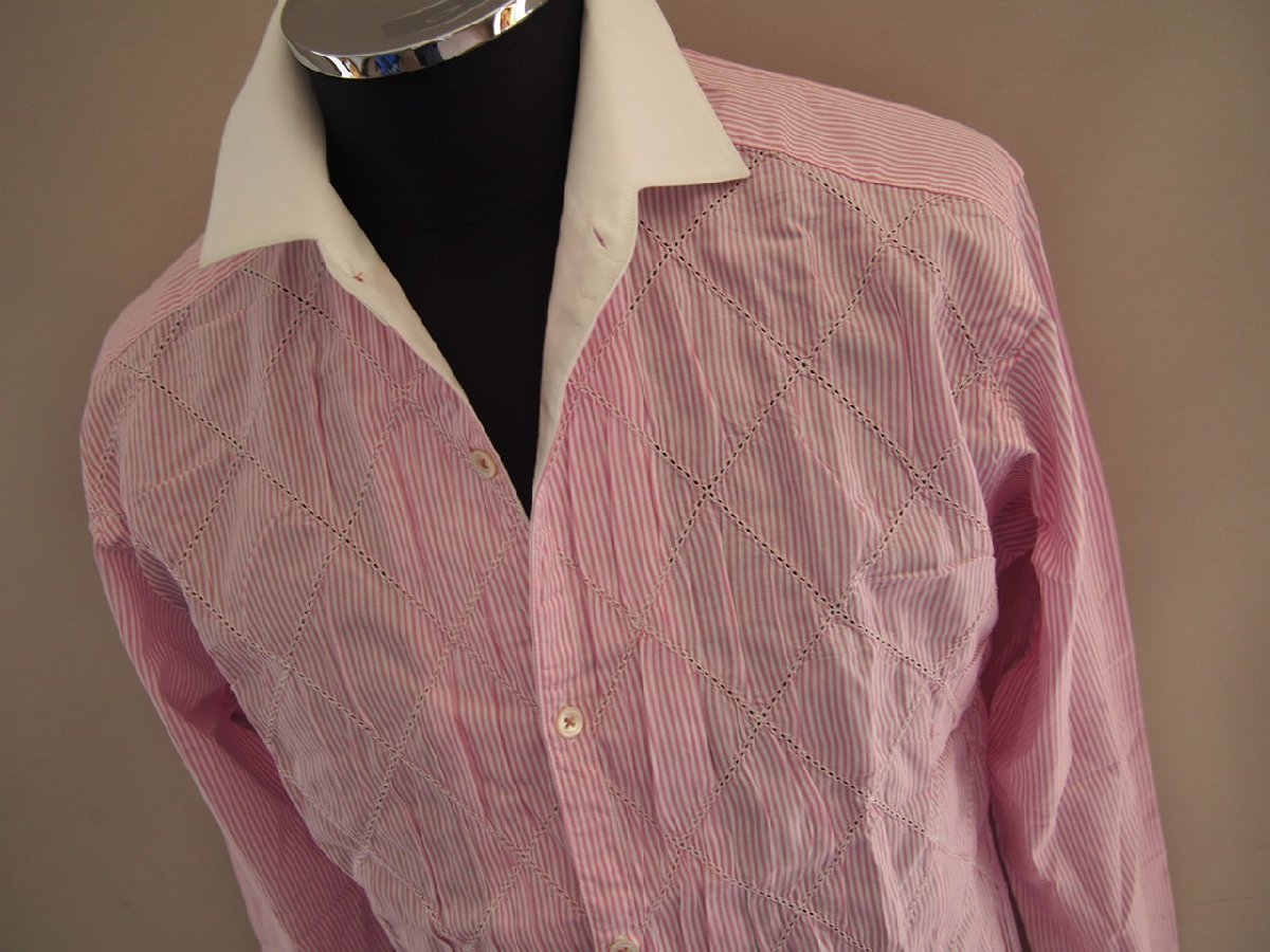 ユナイテッドアローズ Green Label Relaxing★長袖クレリックシャツ★ストライプ柄×ホールステッチダイヤ柄★袖口ストレートシルエット★M拍卖