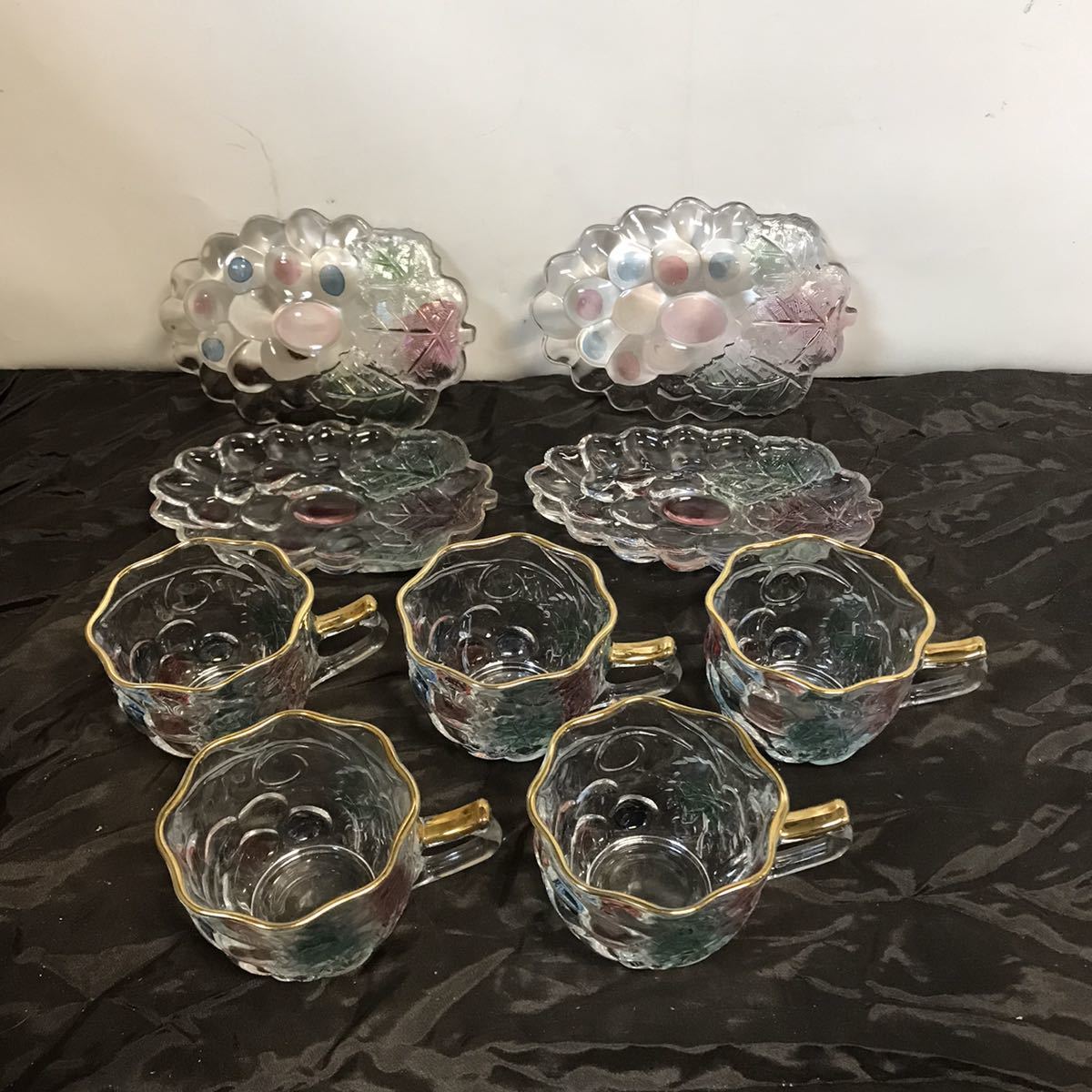 詳細不明 葡萄柄 ガラス小皿 コップ 計9点セット レトロ拍卖