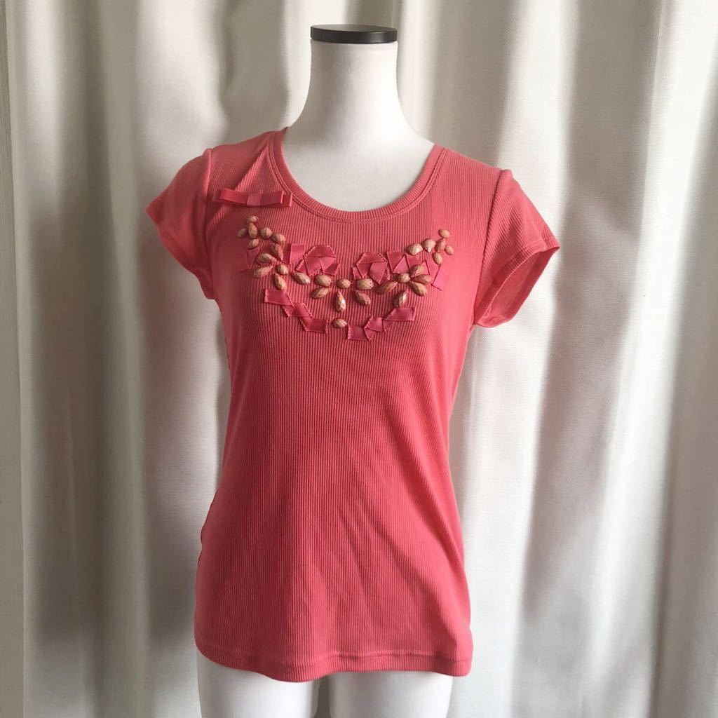 MALIANI マリアーニ 半袖 リブ ビーズ リボン カットソー 薄手 9 コーラルピンク ★1000拍卖