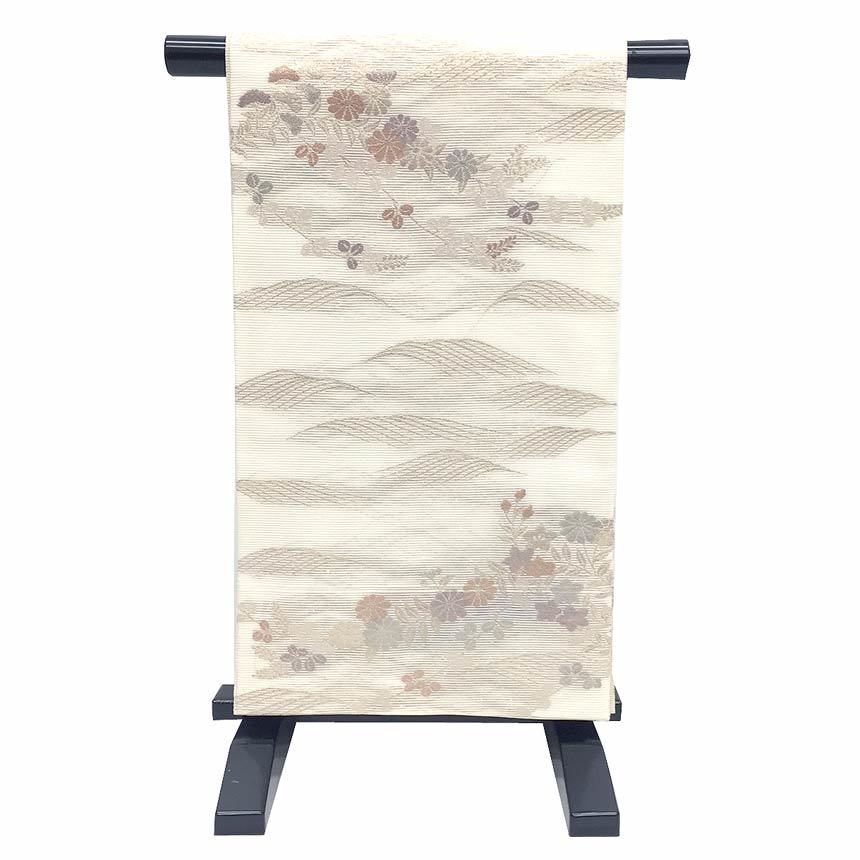 京やI407 正絹 絽 絽の帯 夏の袋帯 夏袋帯 夏帯 袋帯 三本絽 六通柄 白地の帯 秋草花文 菊文 桔梗 芒 萩 金糸 フォーマル~カジュアル 美品拍卖