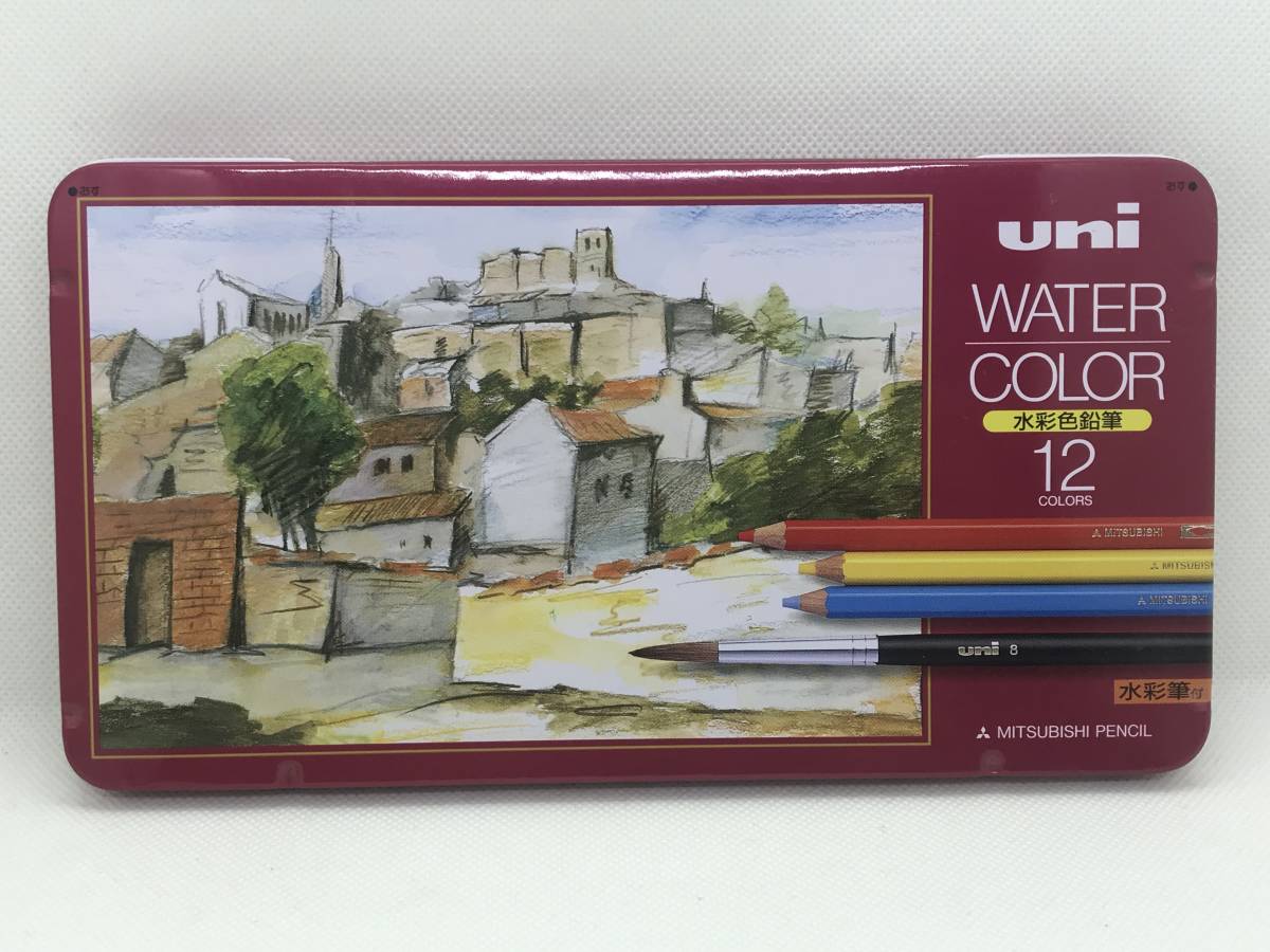 1FC★三菱鉛筆株式会社 水彩色鉛筆 12色 ウォーターカラー uni WATER COLOR 水彩筆付 890ベネチアンレッド欠品拍卖