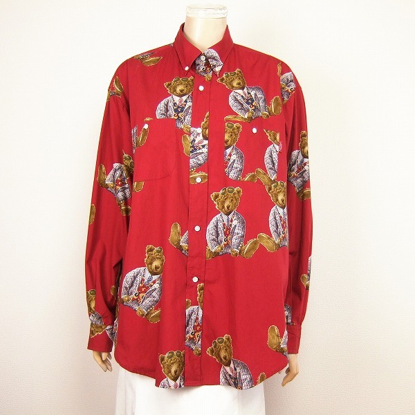 美品★カールヘルム*Karl Helmut*メンズ*赤系*可愛い熊プリント*長袖シャツ*オーバーサイズ*Mサイズ.拍卖