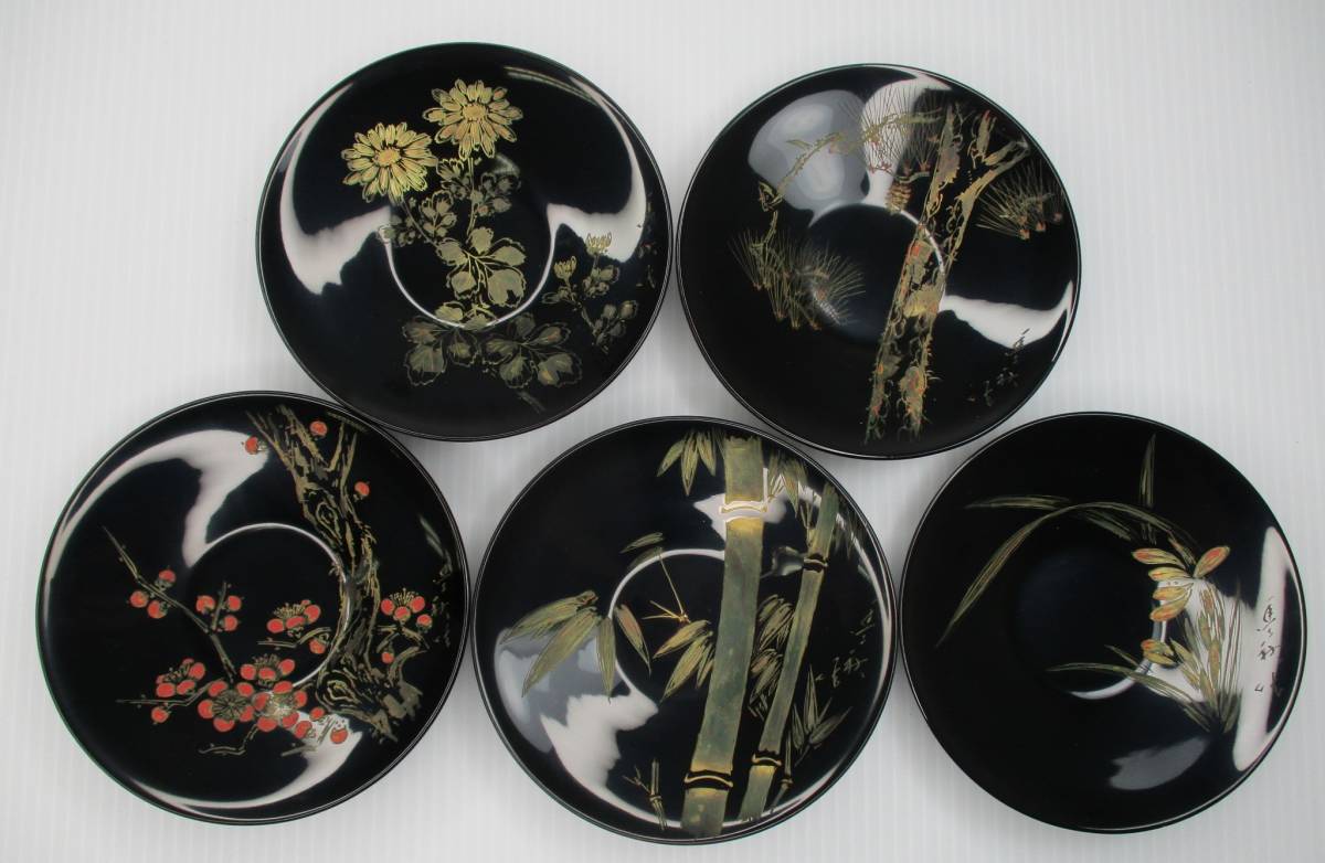 S-918 村上堆朱 三彩彫 茶托 五清 豊秋作 漆 5枚セット 美品 村上木彫堆朱 茶道具拍卖
