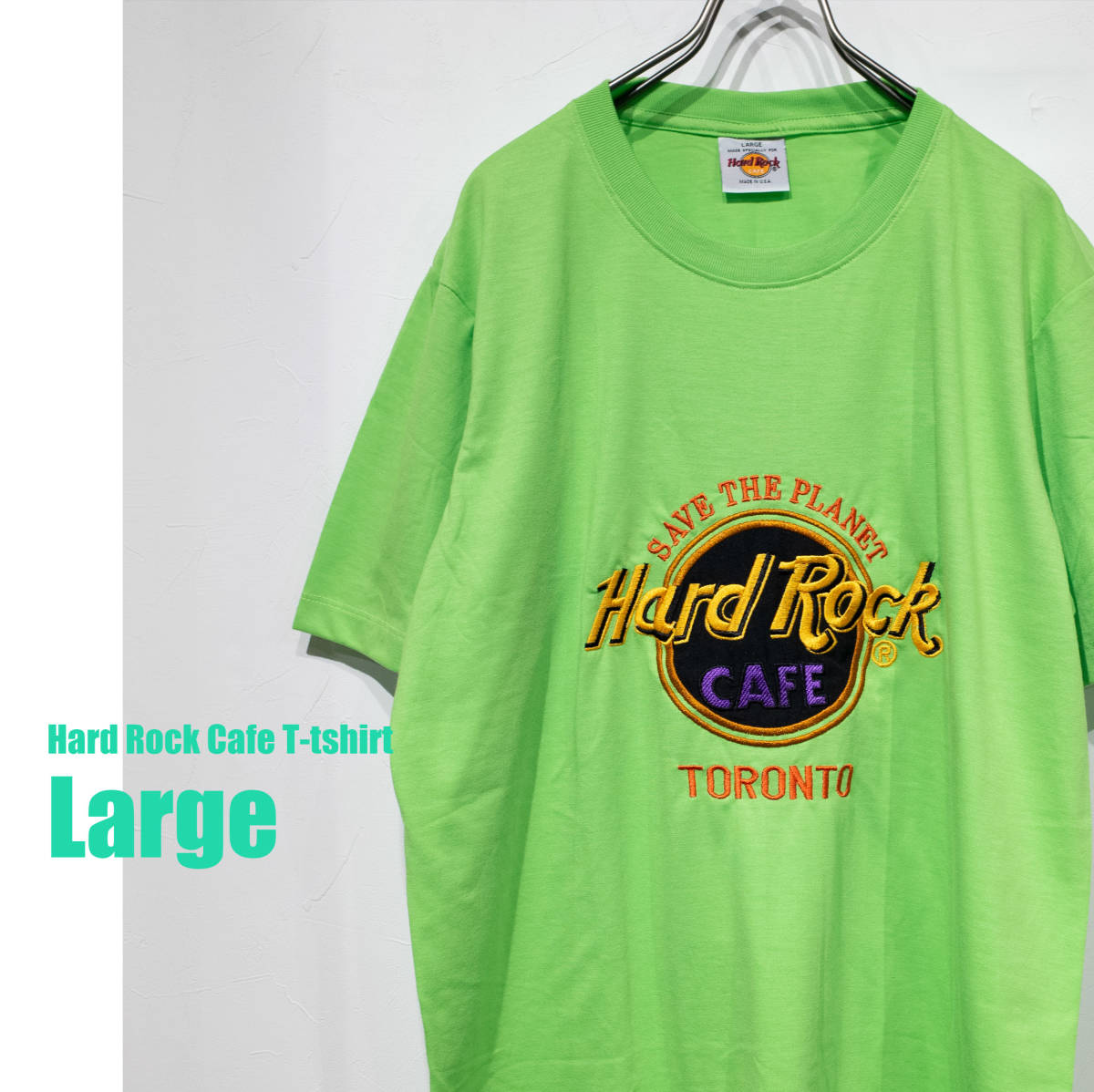 【USA製】L / HARD ROCK CAFE TORONTO ハードロックカフェ トロント 刺繍入り クルーネック デカロゴ Tシャツ 黄緑 グリーン オレンジ 美品拍卖