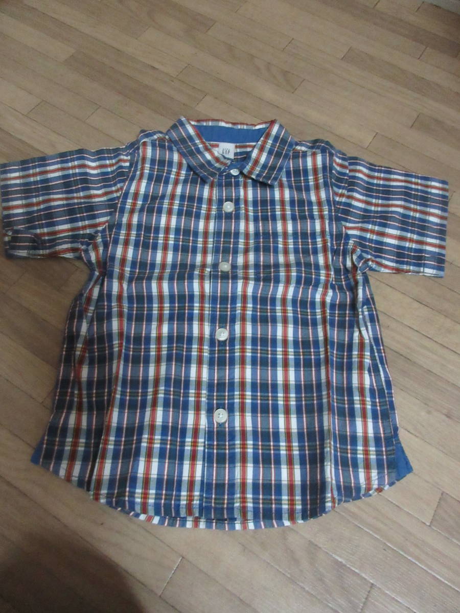 ⑤90㎝ GAP ブルー系チェック 半袖シャツ拍卖