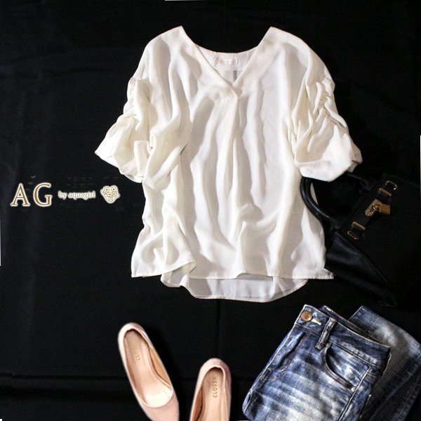 ☆☆ 美品 AG by アクアガール ☆☆ ゆったり綺麗め ギャザースリーブ ジョーゼット生地 カットソー M 春 夏 23C06拍卖